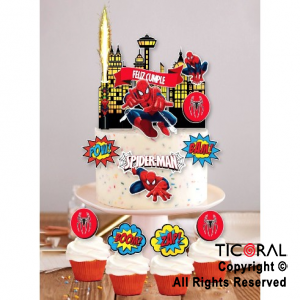 ESCENOGRAFIA PARA DECORAR TORTAS Y CUPCAKES SPIDERMAN (15 UNIDADES + 1 BENGALA)